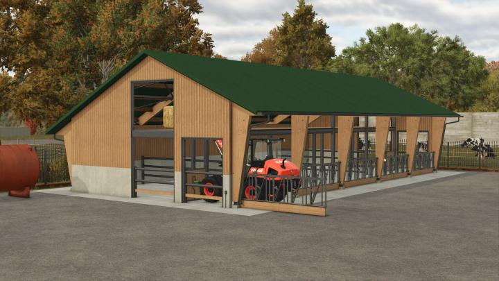 fs25-mods,  FS25 mods Open Front Cowshed v1.0.0.0 featuring a green-roofed cow barn with farm equipment inside.