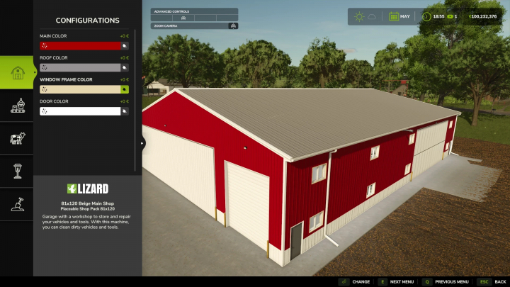 fs25-mods,  FS25 Placeable Design Kit V1.0.0.2 mod with red garage configuration menu in Farming Simulator 25.