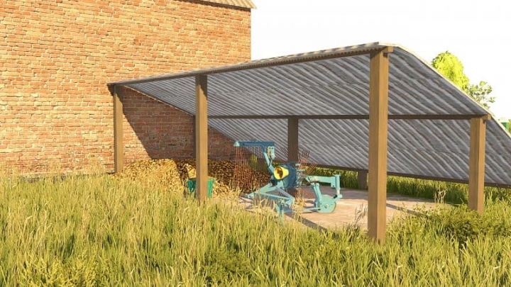 fs25-mods,  Poor Shed v1.0.0.0 mod for FS25 showing a simple brick and metal-constructed shelter with equipment stored underneath.