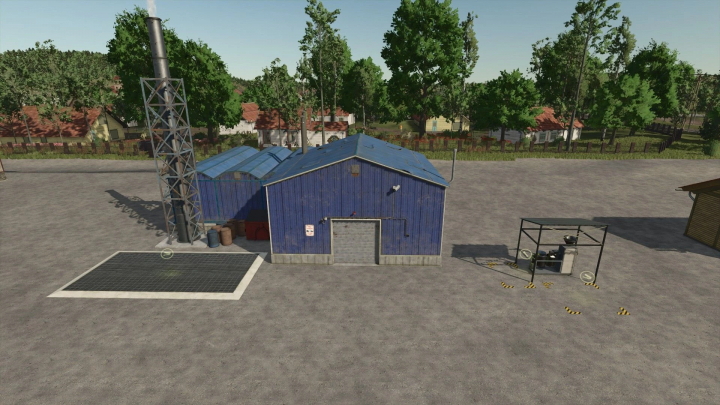 fs25-mods, FS25 mod Production expansion v1.0.0.0 showing a blue factory, chimney, and equipment on a rural lot.