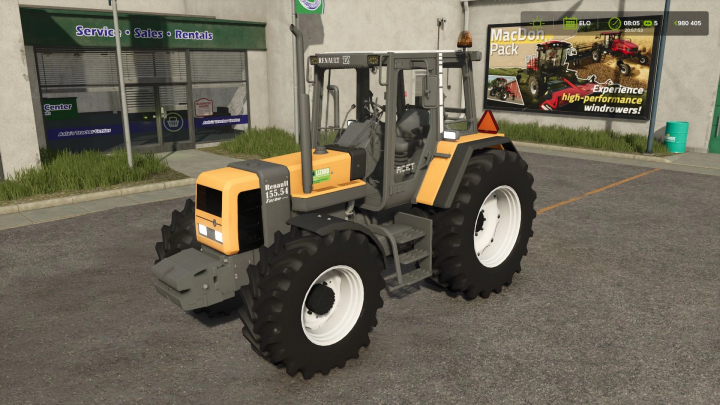 fs25-mods,  Renault TZ tractor mod in Farming Simulator 25, parked in front of service center.