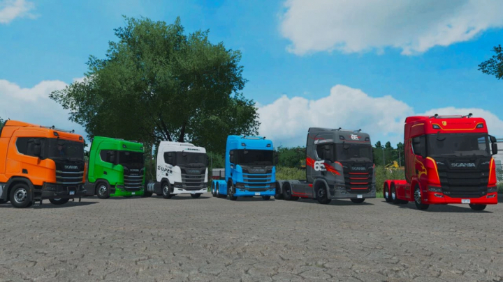 fs25-mods,  Colorful Scania NTG trucks lineup in Farming Simulator 25 mod, América do Sul 2025 v1.0.0.0, showcasing diverse designs.