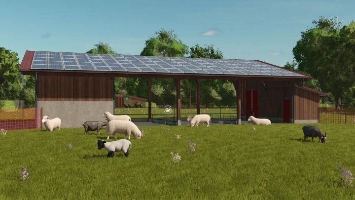 fs25-mods,  FS25 Sheep Barn Big wood mod showcasing a spacious sheep pen with solar panels on the roof.