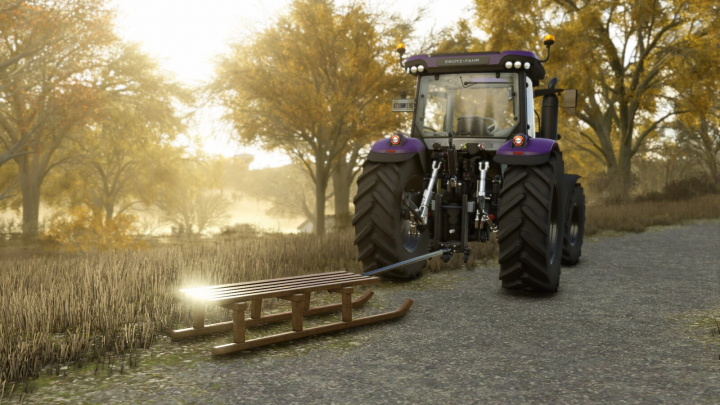 fs25-mods,  Farming Simulator 25 mod: Sledge v1.0.0.0, showing a tractor towing a wooden sledge on a scenic autumn path.