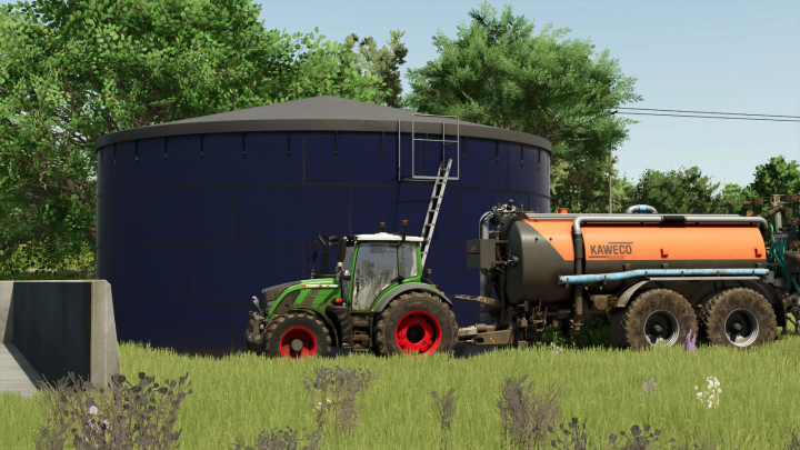 fs25-mods,  FS25 Slurry Storage Pack v1.0.0.0 mod showing a tractor with a slurry tank next to a large storage silo.