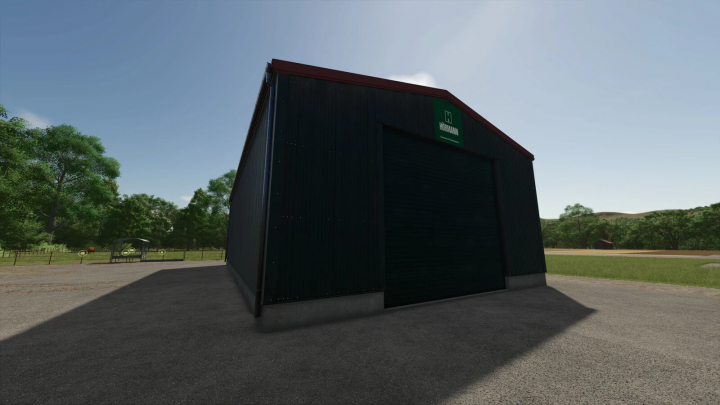 fs25-mods,  Small Garage mod in Farming Simulator 25, showcasing a dark exterior and rural landscape. Perfect for FS25 mods enthusiasts.