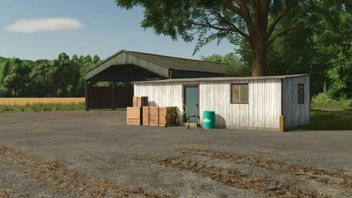 fs25-mods,  Small Workshop mod for FS25, featuring a wooden shed with crates and barrels, set against a rural backdrop.