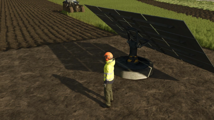 fs25-mods, FS25 mod Solar Panel 1.0.0.0: A farmer stands next to a solar panel in a plowed field in Farming Simulator 25.