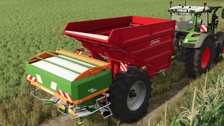 fs25-mods,  Sopema Fertilizer Trailer v1.0.0.0 in FS25 mod, attached to tractor in field.