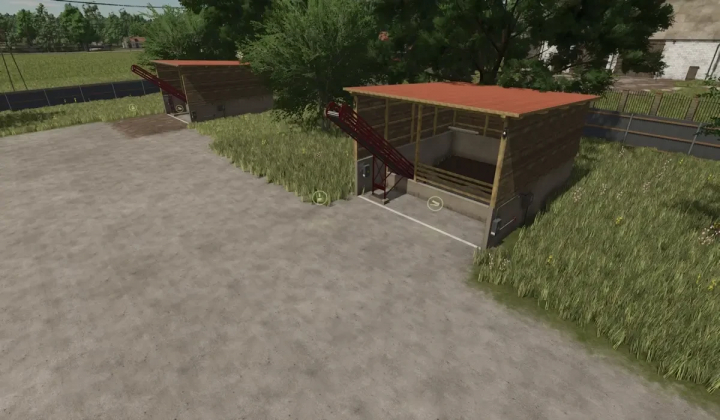 fs25-mods,  Storage Pack v1.0.0.0 mod for FS25 showing wooden storage sheds with red roofs in a grassy area.