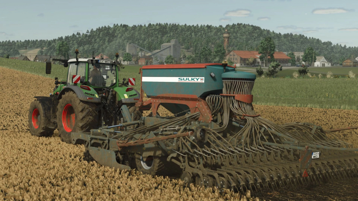 fs25-mods,  Farming Simulator 25 mod Sulky PVL v1.0.0.0 showcasing a tractor with seeder attachment in a field. FS25 mods featured.