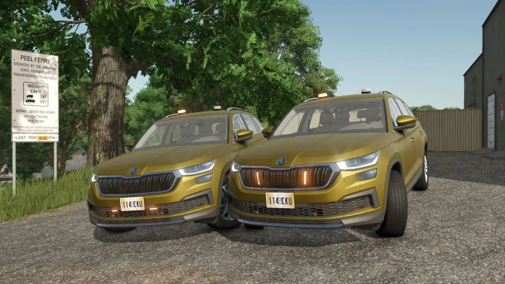 fs25-mods,  FS25 mods: Two gold SUVs from the TZ CCSN Pack near a Peel Ferry sign in Farming Simulator 25.