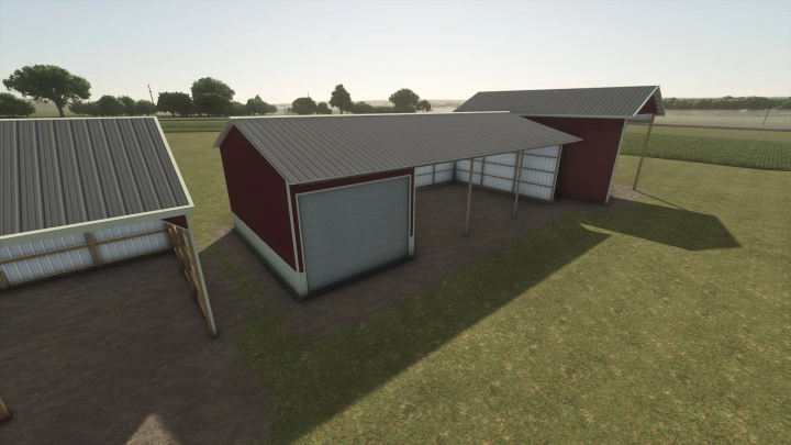 fs25-mods,  FS25 mod Three Side Shed Door v1.0.0.0 features a red barn structure with three open sides in Farming Simulator 25.