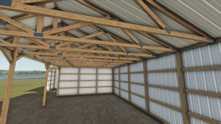 fs25-mods,  Interior view of ThreeSideShed mod in Farming Simulator 25, showcasing wooden beams and metal walls.