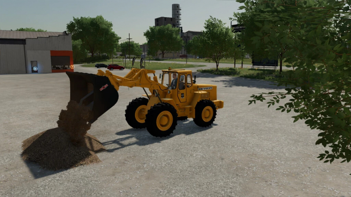 fs25-mods,  FS25 Tip Anywhere v1.0.0.0 mod showing a yellow loader dumping grain on a farmyard.