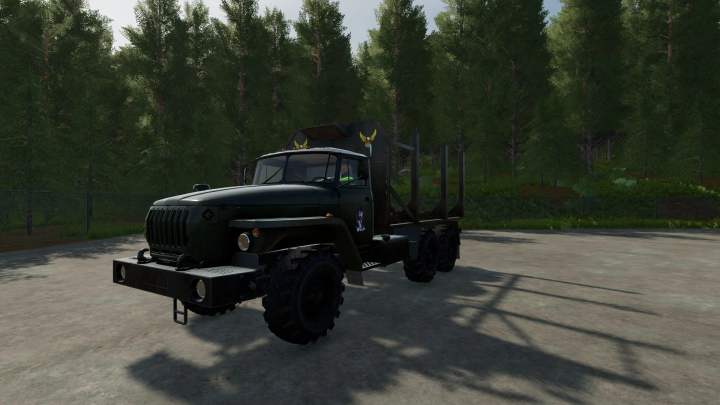 fs22-mods,  FS22 mod: Ural 4320 Timber truck v1.0.0.0 in a forest setting from Farming Simulator 22.