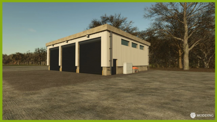 fs25-mods,  Vehicle Shelter mod for FS25 featuring a modern garage with three black doors.