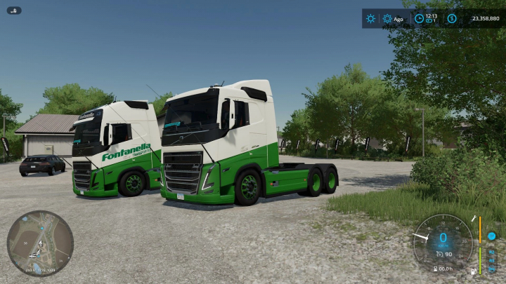 fs22-mods, FS22 mod image featuring two Volvo FH trucks in green and white parked near trees.