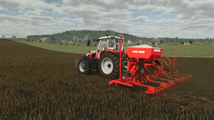 fs25-mods,  FS25 mod: Weaving Sabre Tine v1.0.0.0 with red tractor sowing in field