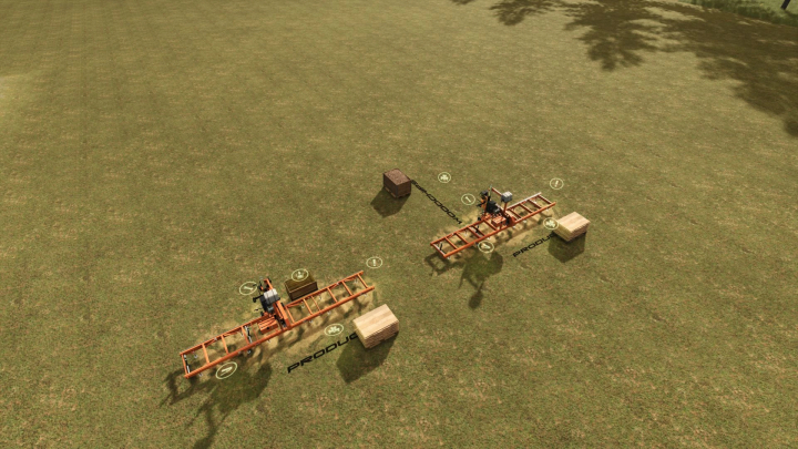 fs25-mods, FS25 mod Woodmizer lt15 Placeable wood station on grassy field, featuring cutting tools and wooden products.