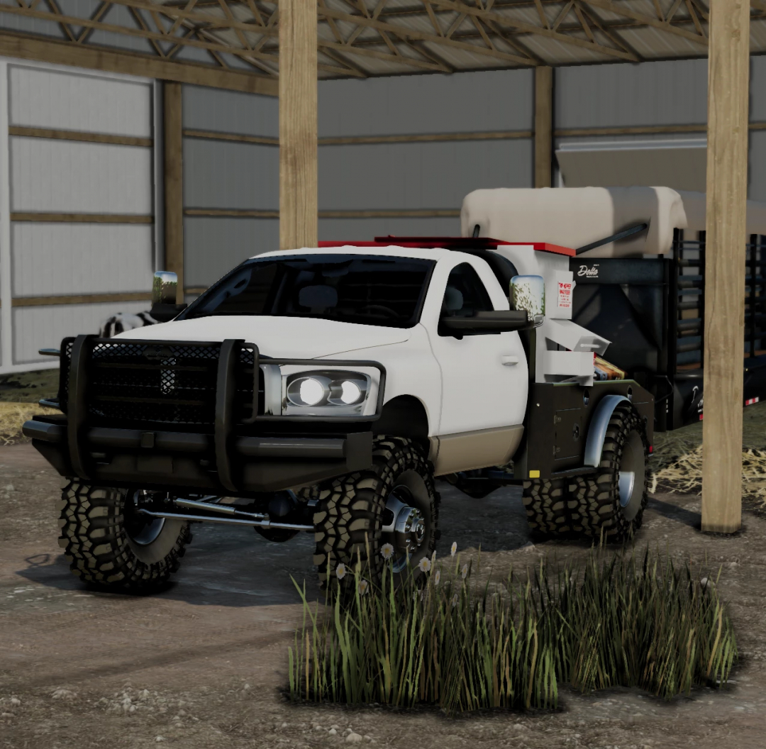 2007 Ram 2500 v1.0.0.0 FS22 mod in Farming Simulator 22, showcasing a white truck with off-road tires in a barn setting.