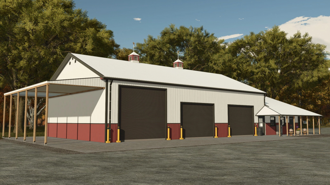 3 Stars Garage mod for Farming Simulator 25 featuring large doors and a shed extension.