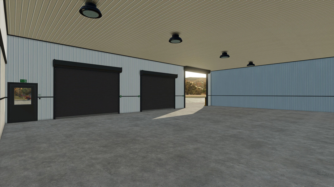 Interior view of the 3 Stars Garage mod for Farming Simulator 25, showing a spacious garage with closed shutters and lighting fixtures.