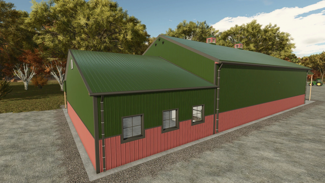 3 Stars Garage mod for Farming Simulator 25, featuring a green and red barn structure surrounded by trees.