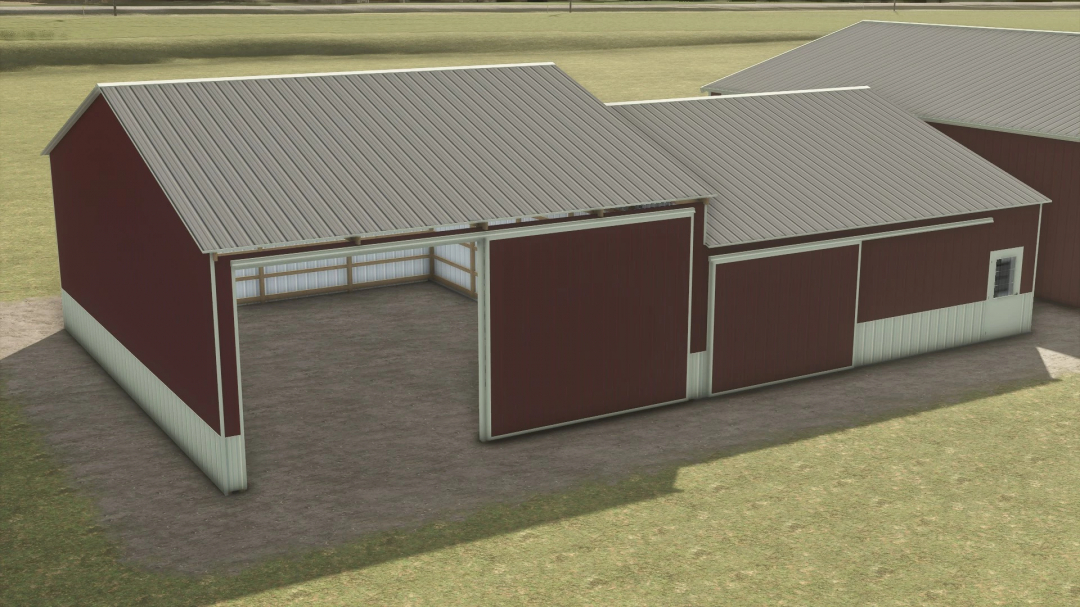 FS25 mod 42x68 Heated/Cold Storage building with red siding and metal roof, perfect for storing equipment in Farming Simulator 25.