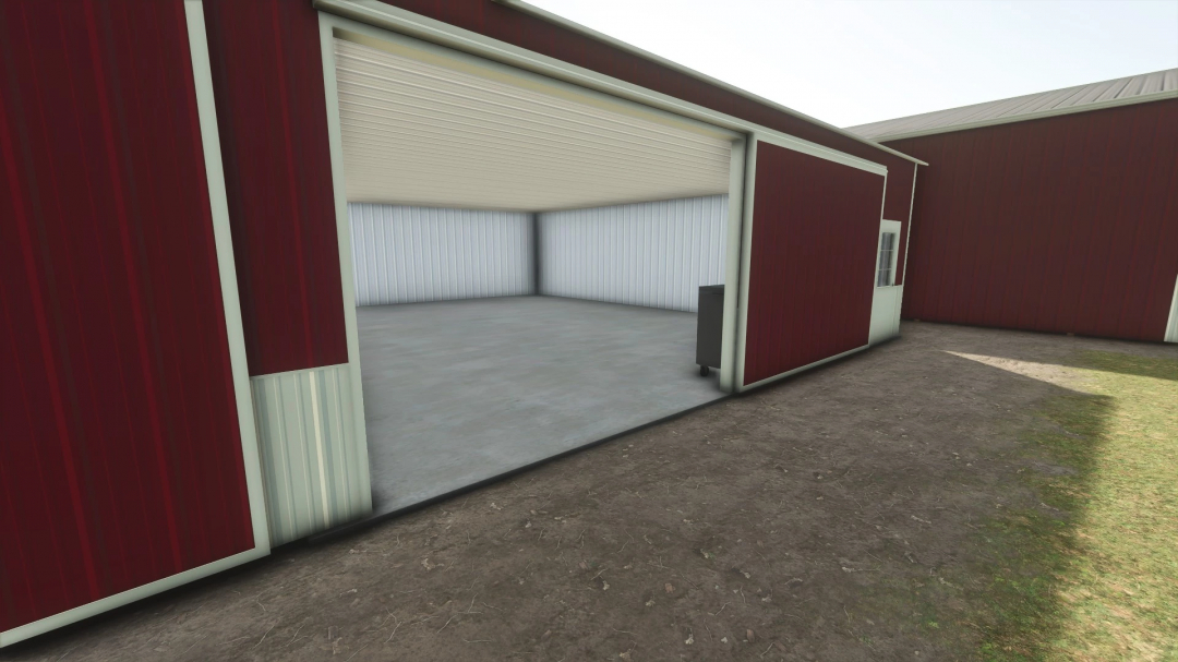 FS25 mod 42x68 heated/cold storage building with red exterior and open garage door.