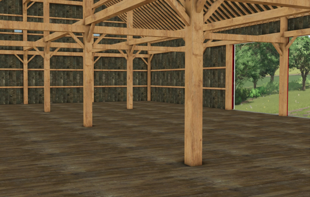 Interior view of 48x90 Bank Barn mod for FS25, showing wooden beams and open space.