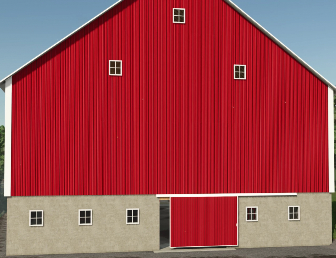 48x90 red bank barn mod for Farming Simulator 25 with red siding and multiple windows.