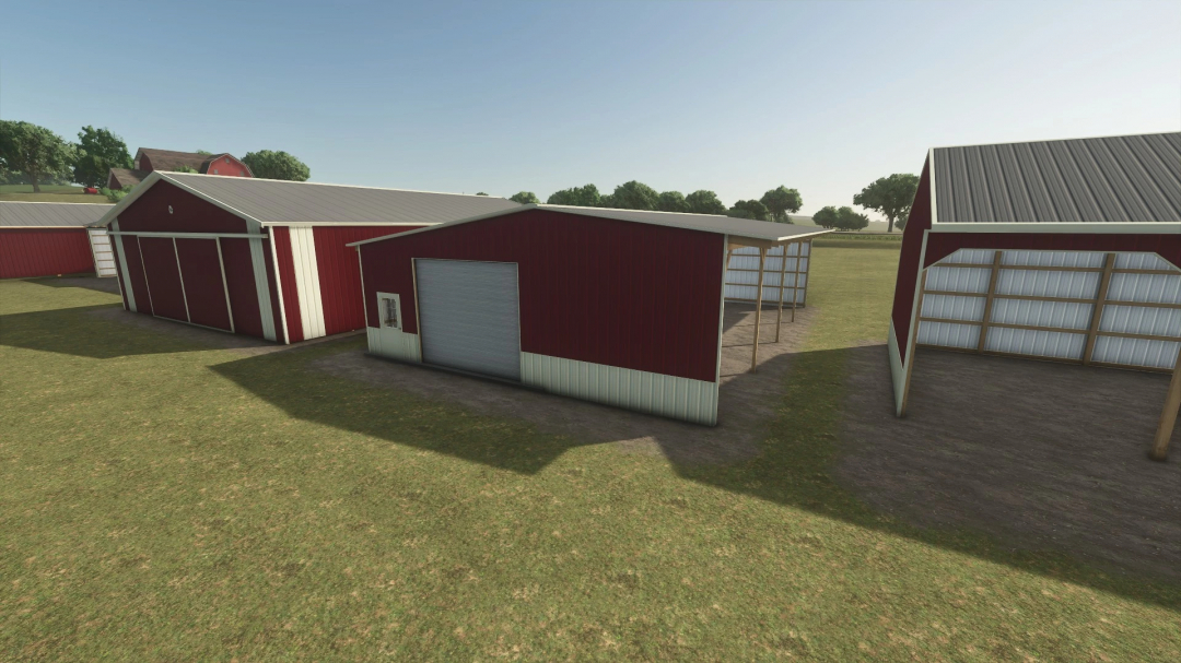 Red 60x40 shop mod for Farming Simulator 25, featuring storage space with open and closed sections. FS25 mods.