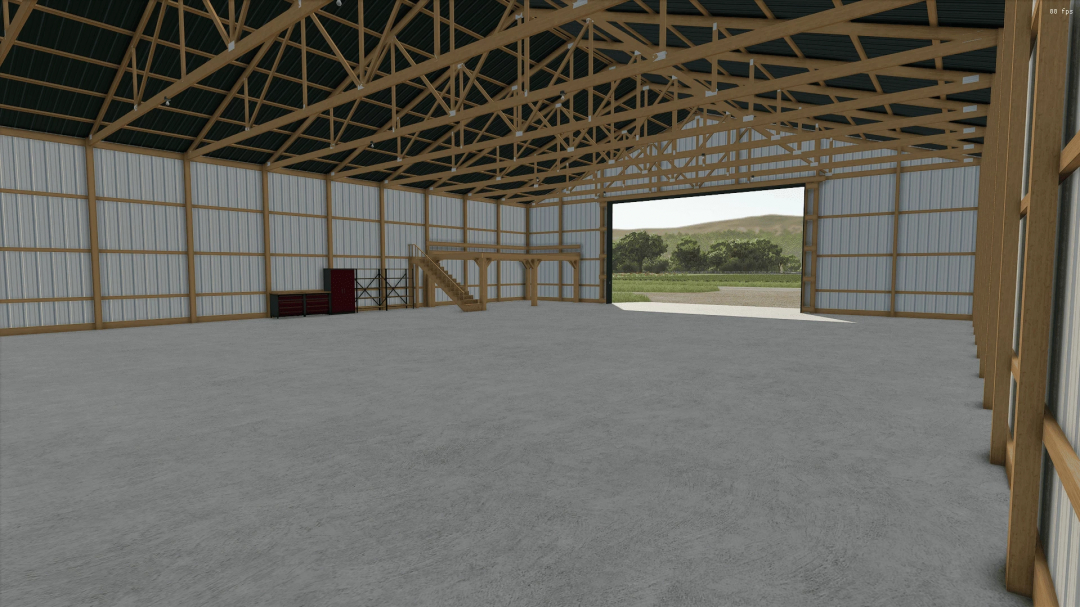 Interior of a large wooden 66x120 shop mod for FS25, showcasing a spacious structure with high ceilings and shelving.