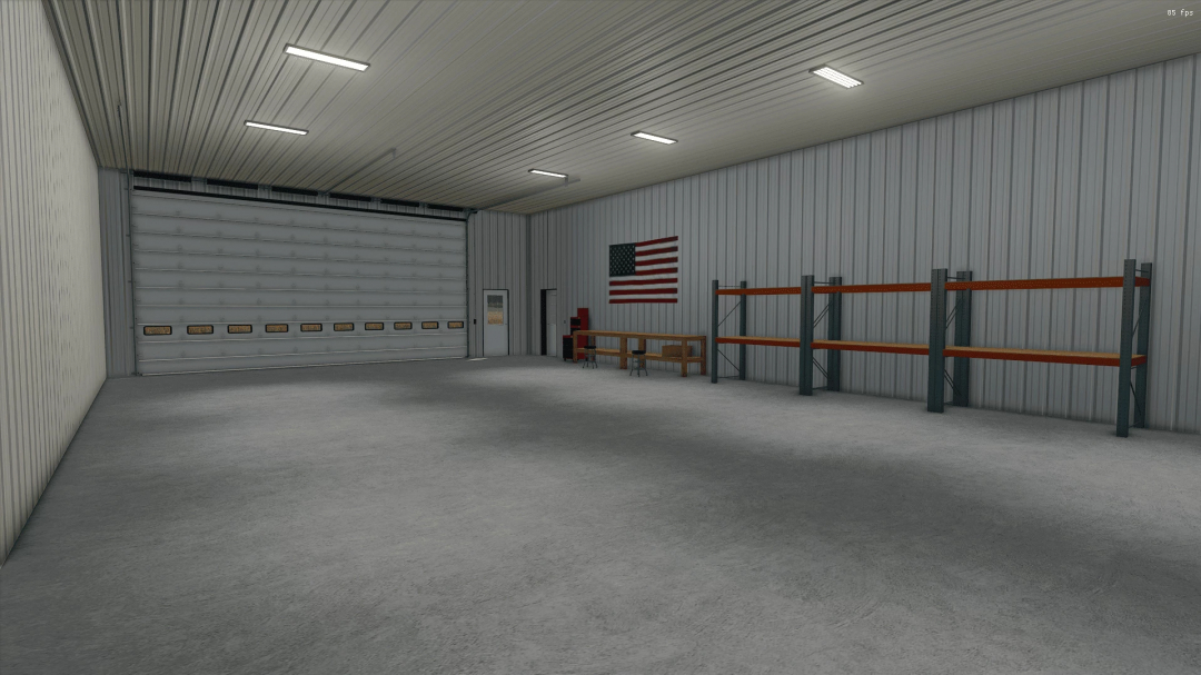 FS25 mod 66x120 Shop v1.0.0.0 interior view with shelving and American flag.