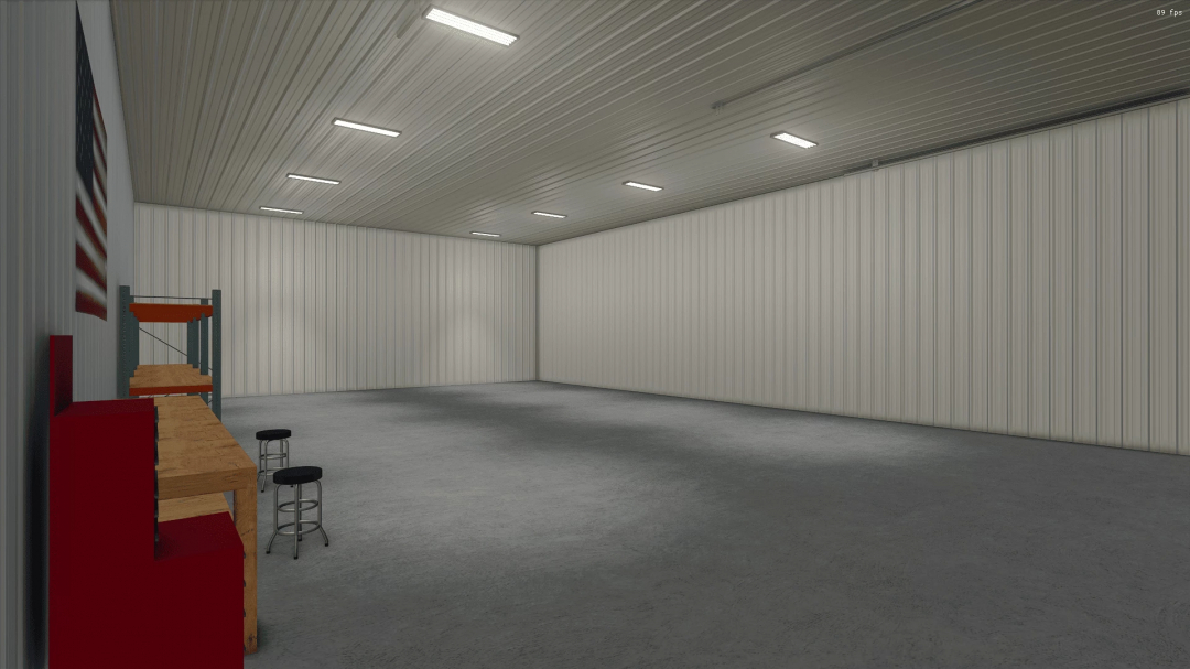 Interior of 66x120 Shop mod for FS25, featuring a spacious warehouse with workbenches and stools.