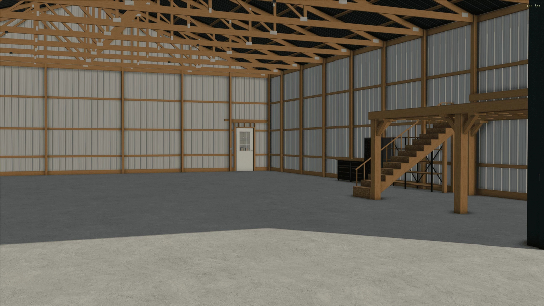 Interior view of the 66x120 Shop mod for Farming Simulator 25, featuring spacious storage with wooden beams and a staircase.