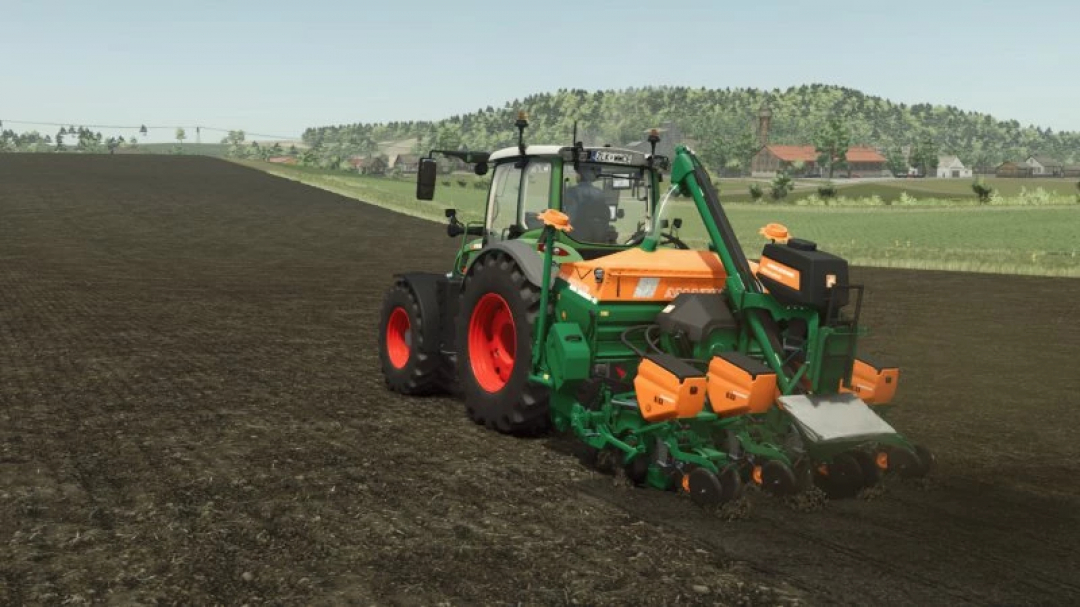 A tractor in Farming Simulator 25 with AMAZONE ED 3000 mod, cultivating a field. FS25 mods enhance gameplay realism.