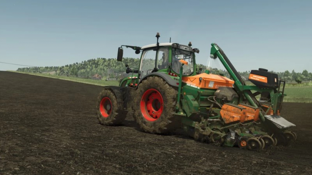 Tractor with AMAZONE ED 3000 mod in FS25, cultivating a field.