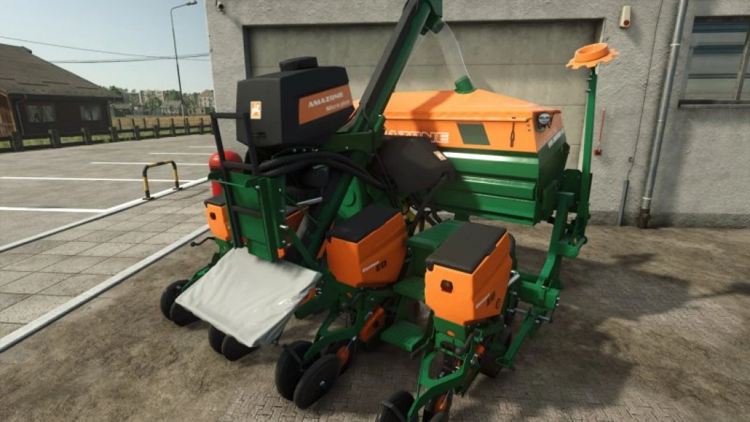 AMAZONE ED 3000 v1.0.0.1 mod for FS25 showing a detailed farming machine parked in a virtual yard.