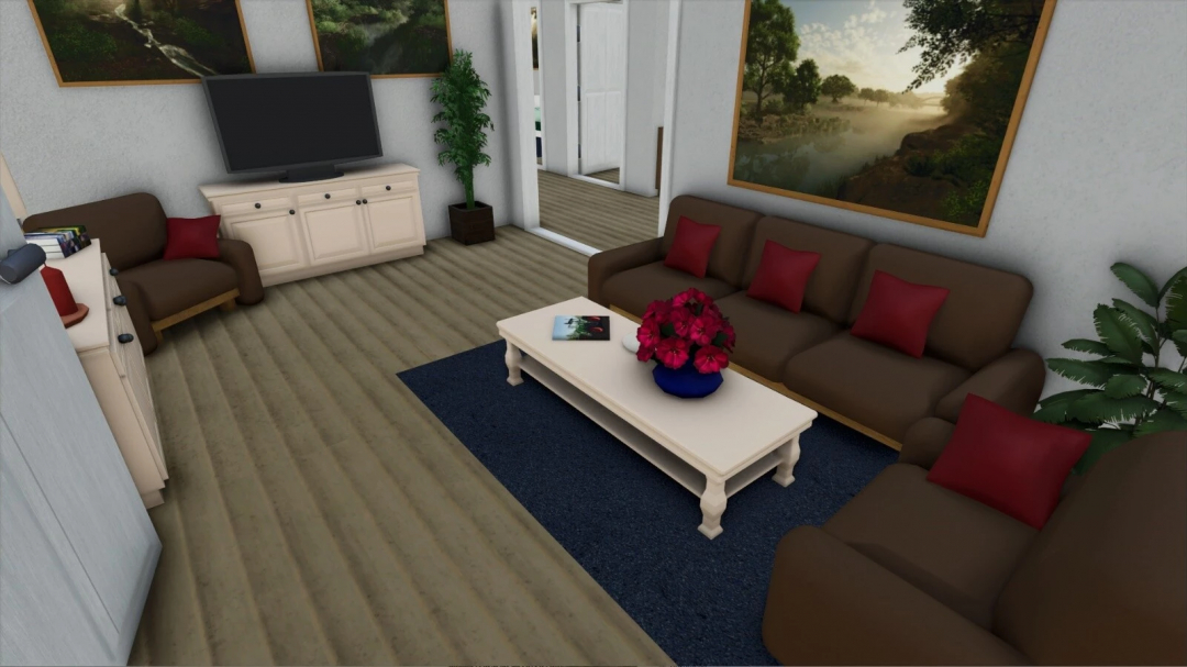 Modern living room in FS25 American Farmhouse mod with brown sofas, TV, and decor. Farming Simulator 25 mods.