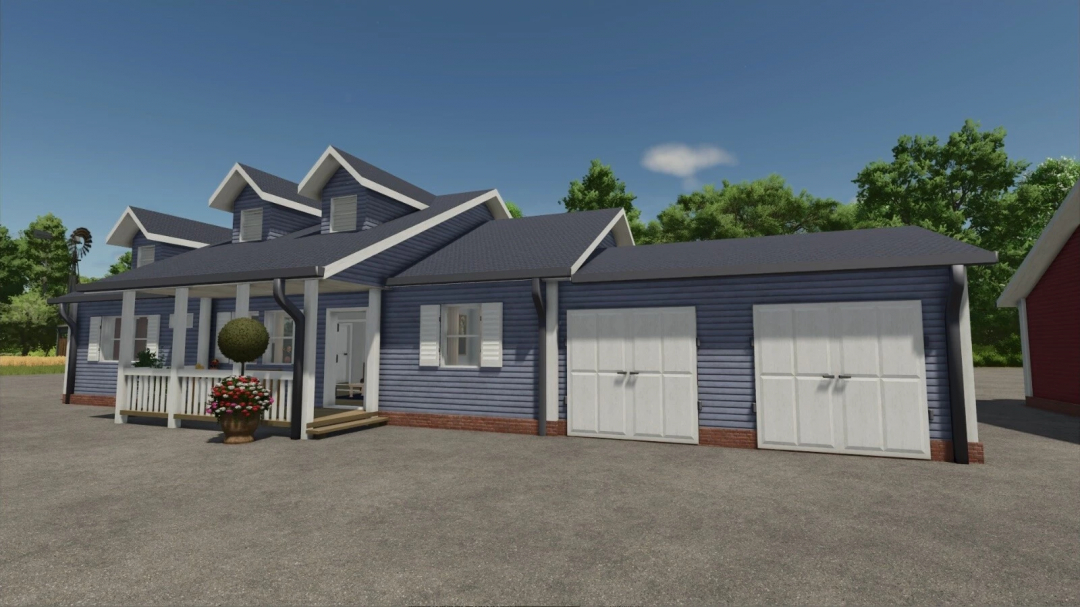 American Farmhouse mod for FS25, featuring a blue house with a porch and garage under a clear sky.