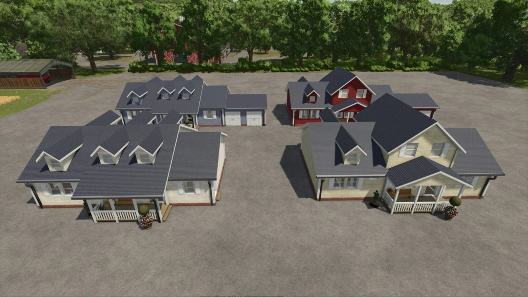 FS25 mods: American Farmhouse v1.0.0.0 with two traditional houses and garage space.