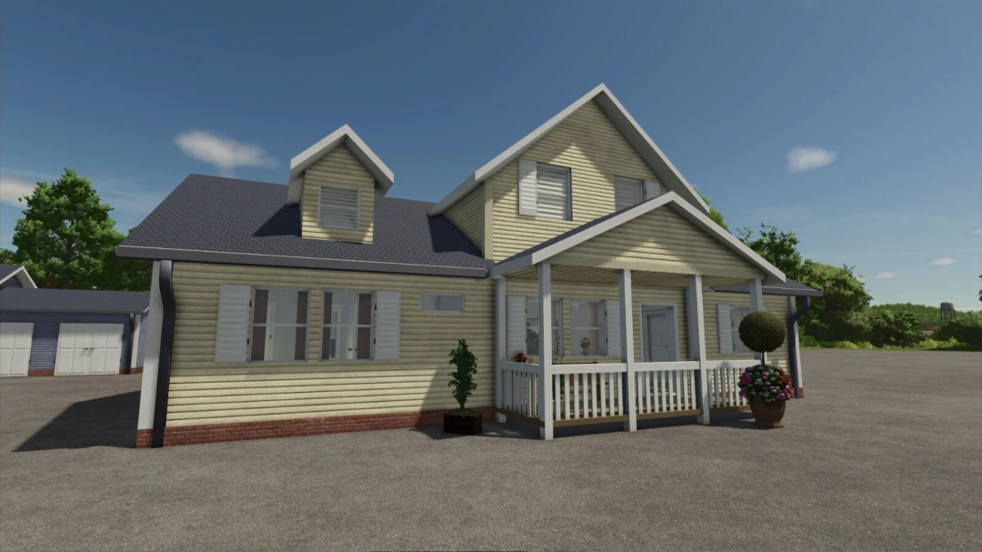 American Farmhouse mod for Farming Simulator 25, featuring a cozy porch and classic architecture.