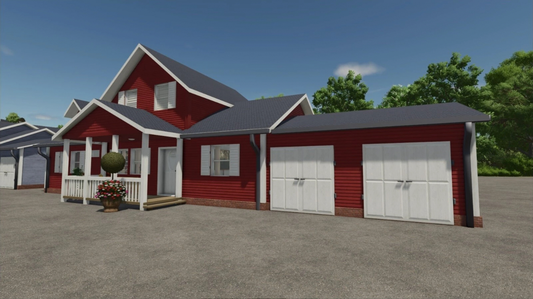 American Farmhouse mod for FS25, featuring a red barn-style house with a garage.