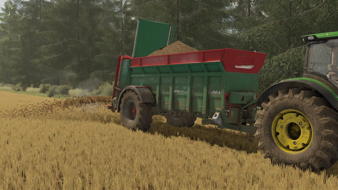 FS22 mod Apollo 16 Premium v1.1.0.0 in action, spreading fertilizer on a wheat field in Farming Simulator 22.