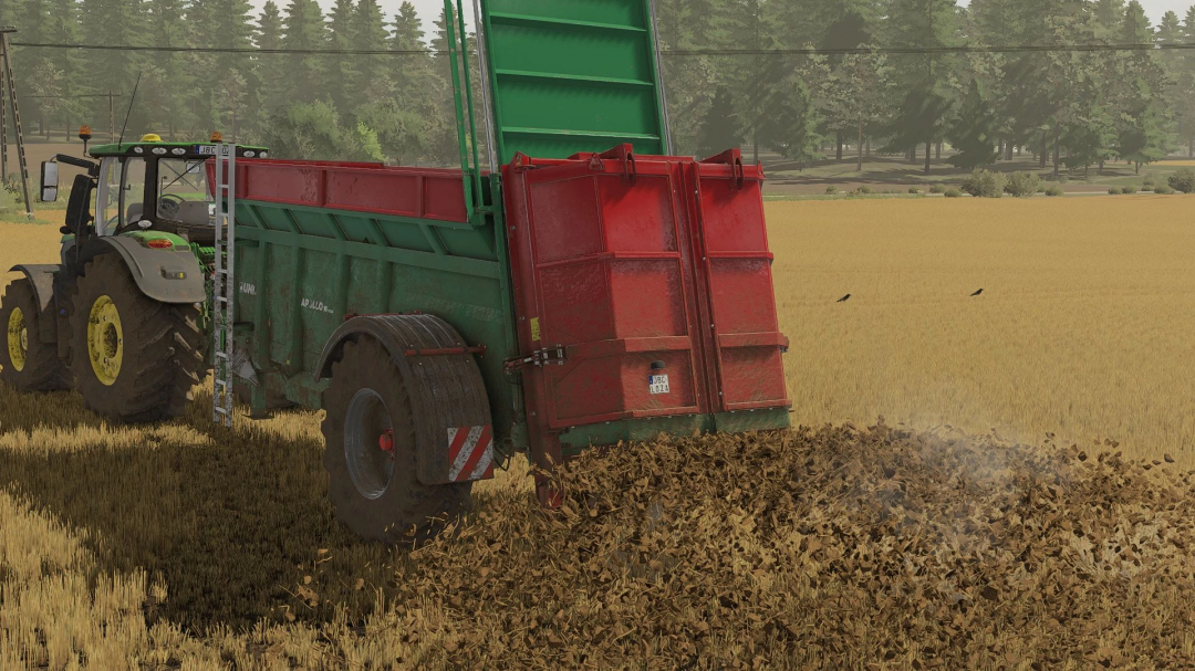 FS22 mod Apollo 16 Premium v1.1.0.0: Tractor spreading manure in a field, enhancing farming simulation experience.