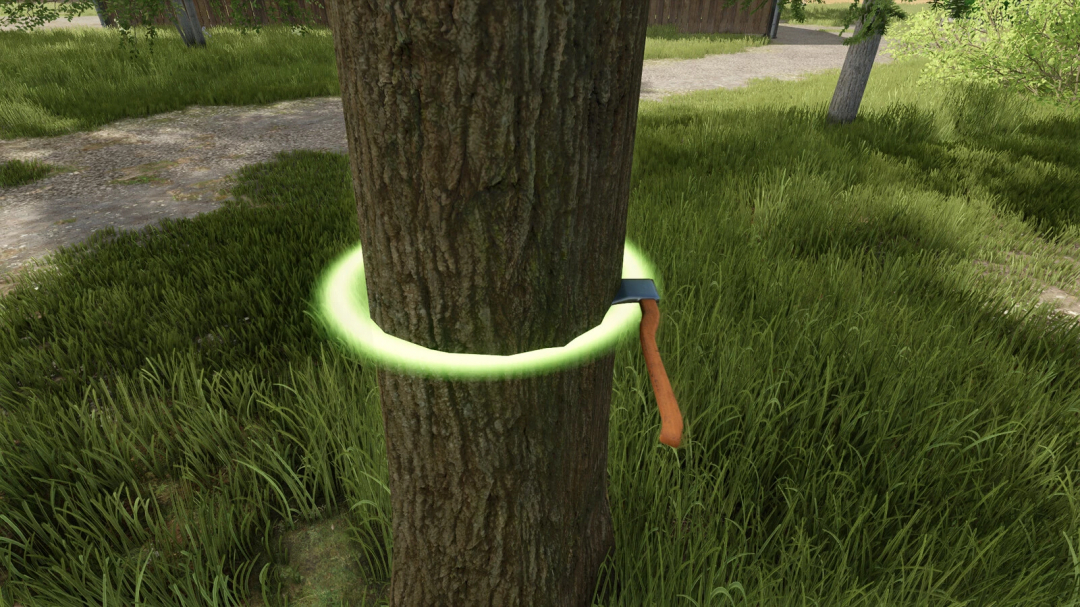 Axe mod v1.0.0.0 for FS25 cutting a tree, highlighted with a green circle.