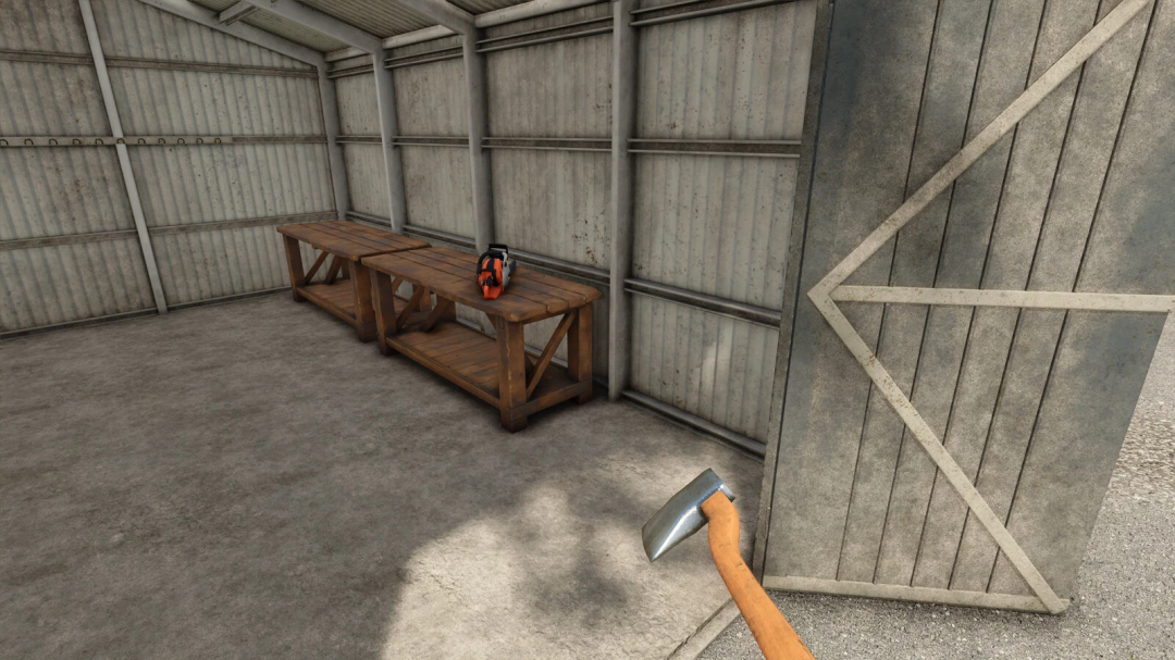 Farming Simulator 25 mod showing an axe in a wooden shed with shelves and tools.