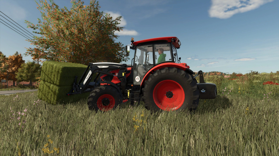 FS25 mod Bale Spike 3 Spikes v1.0.0.0 shown on a tractor lifting bales in a grassy field.